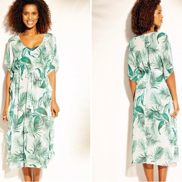 Kona Sol Green Palm Leaf Print Sheer Swim Cover-Up Dress Size M - Picture 1 of 10